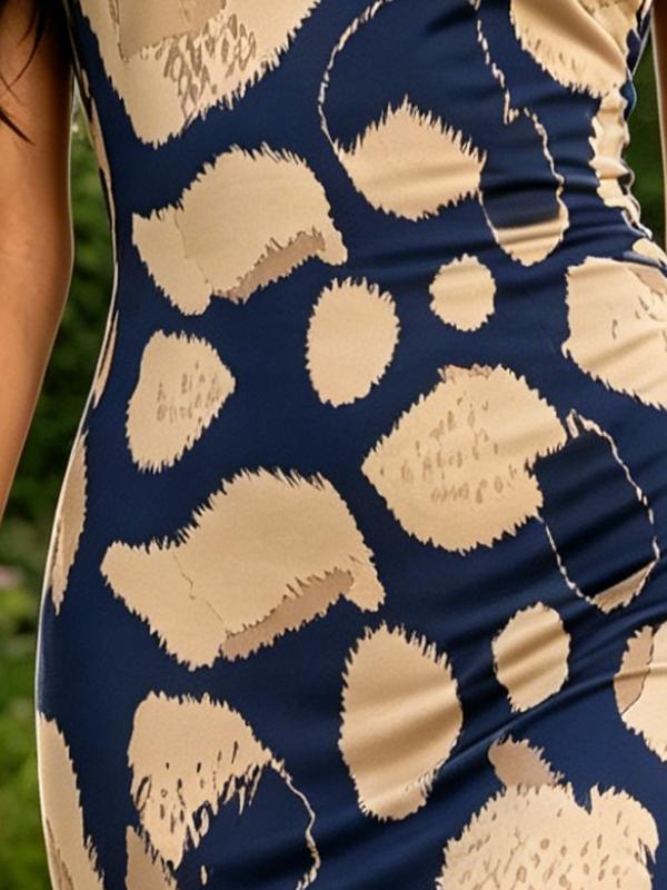Navy Beige Abstract Leopard Print One Shoulder Spaghetti Strap Bodycon Midi Dress Slim Fit Waisted Dress