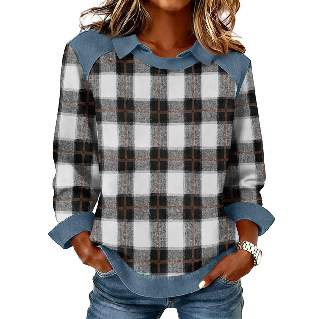 Damenmode Ausgestelltes Langarm Denim Patchwork Sweatshirt Mit Aufdruck Lässiger Pullover Top