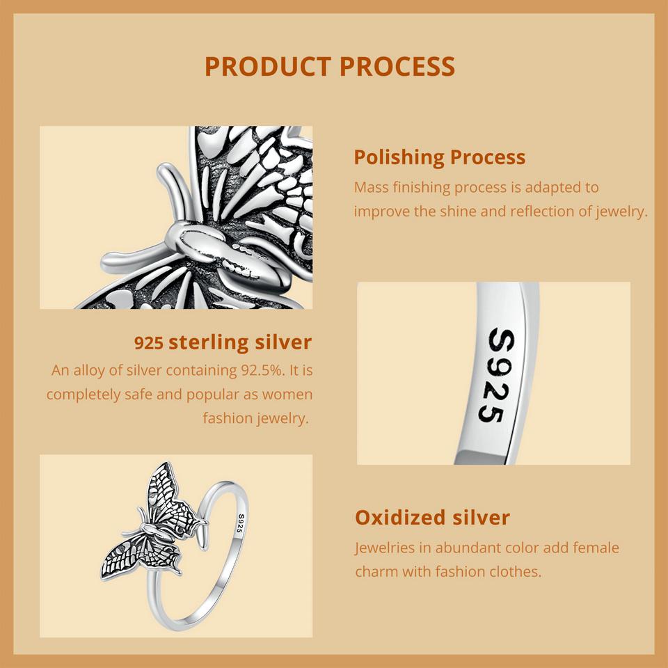 WOSTU 925 Sterling Silver Vintage Butterfly Opening Rings Women Female Sizeable Insest Creative Rings Party Gift Daily Jewelry