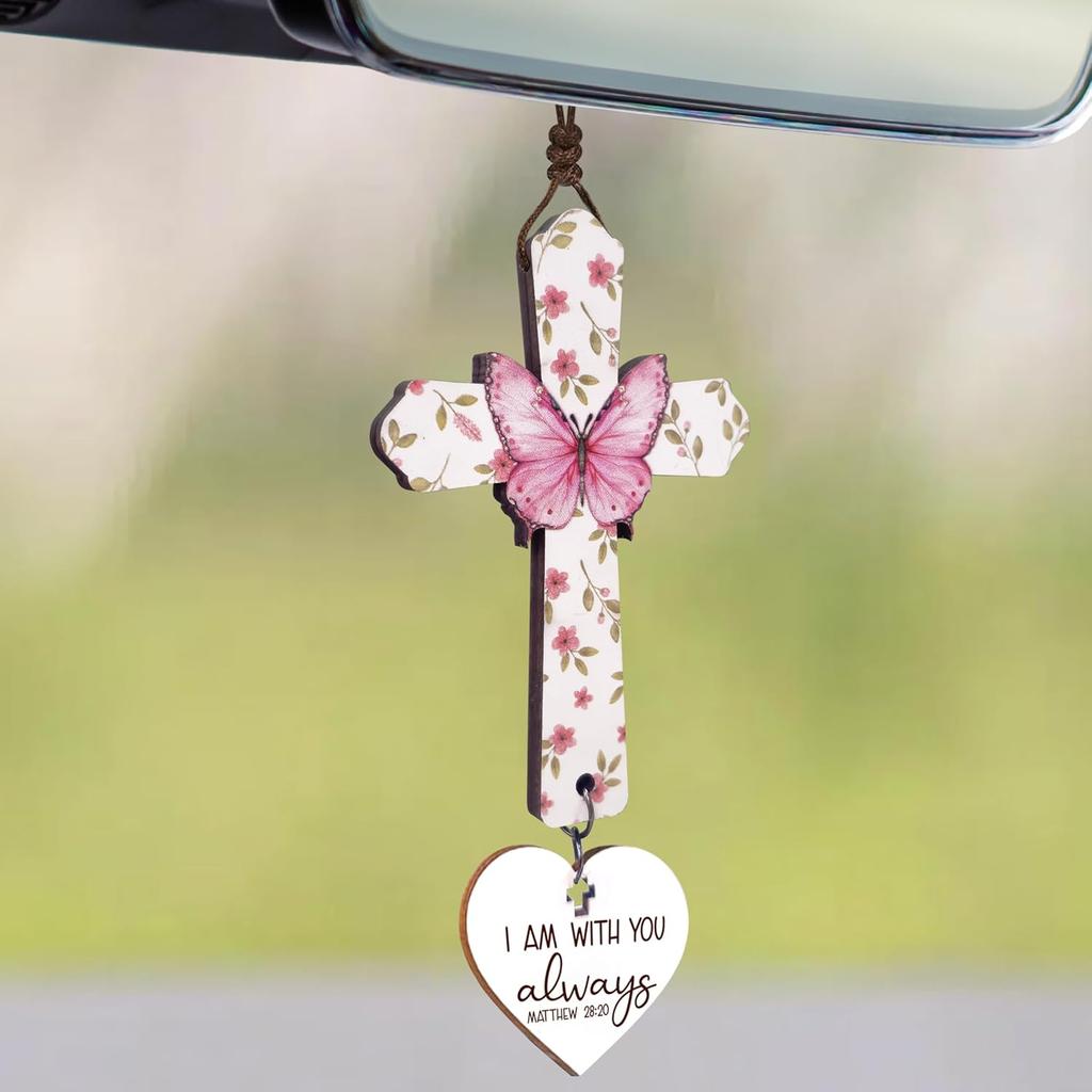 Cross for Car Mirror Hanging Christian with Bible Verse - I Am with You Always - Cross for Rear View Mirror - Christian Car Accessories Ornament -
