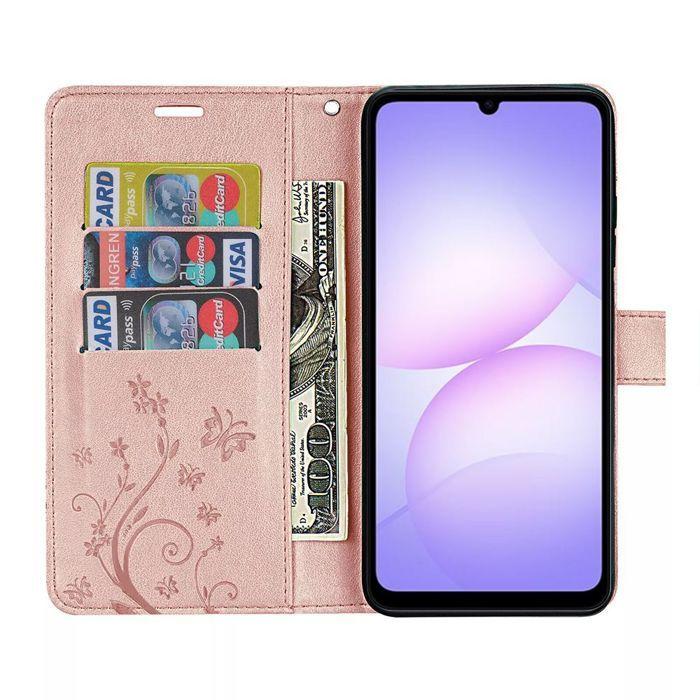 Coque de Protection - BOOLING - Samsung Galaxy A07 - Cuir Synthétique Motif Floral Rose - 2 Vitres