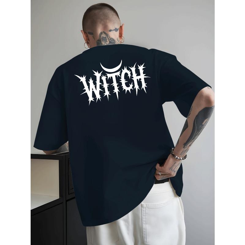 European Size Men'S Witch Graphic T-Shirt - Bright Yellow with Black Gothic Lettering - Loose-Fitting Breathable Summer Tee, Perfect for Halloween