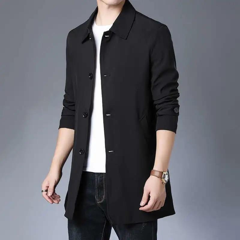 

Весенне-осенний мужской тренч однотонный деловой кэжуал длинные куртки верхняя одежда модный однобортный ветрозащитный мужской M чёрный