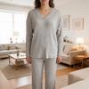 Large Ribbed V-neck Long Sleeve Women's Pant Suit Casual Two-Piece Set - 2025 Autumn/Winter Collection