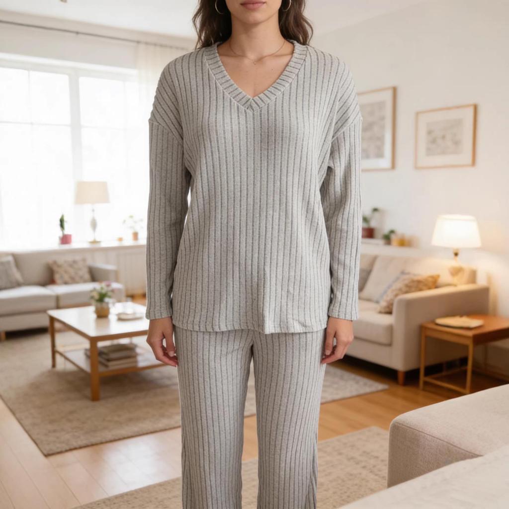 Large Ribbed V-neck Long Sleeve Women's Pant Suit Casual Two-Piece Set - 2025 Autumn/Winter Collection