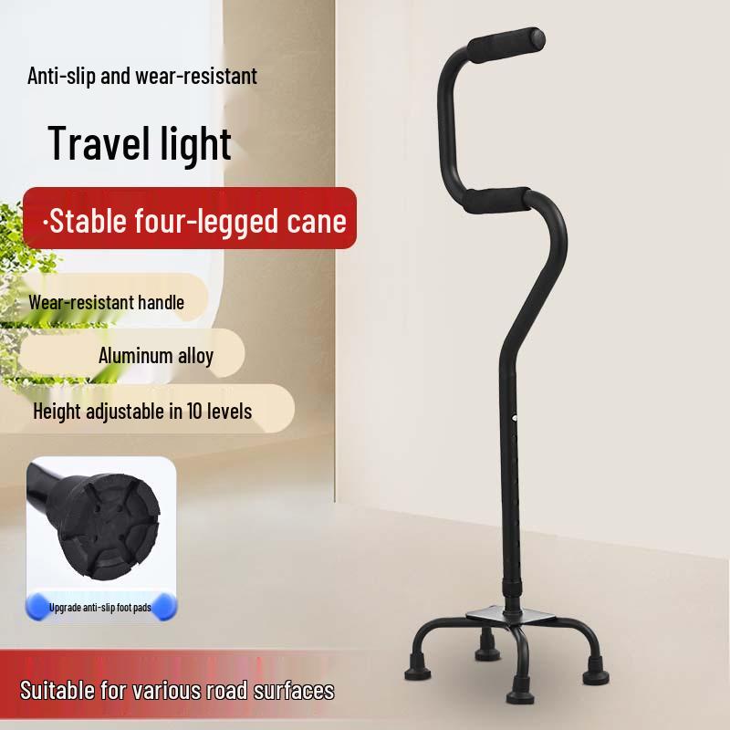 Bronze Curved Handle Aluminum Alloy Quad Cane for Seniors, Adjustable Height Non-Slip Mobility Aid