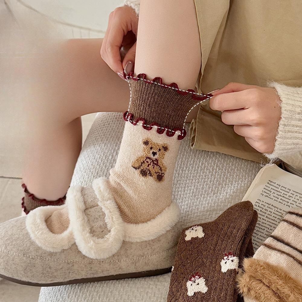 Thickened Warm Wool Socks, Cartoon Bear, Coffee-colored Mid-calf Socks, Double-layer Black Fungus Edge, Pile Mid-calf