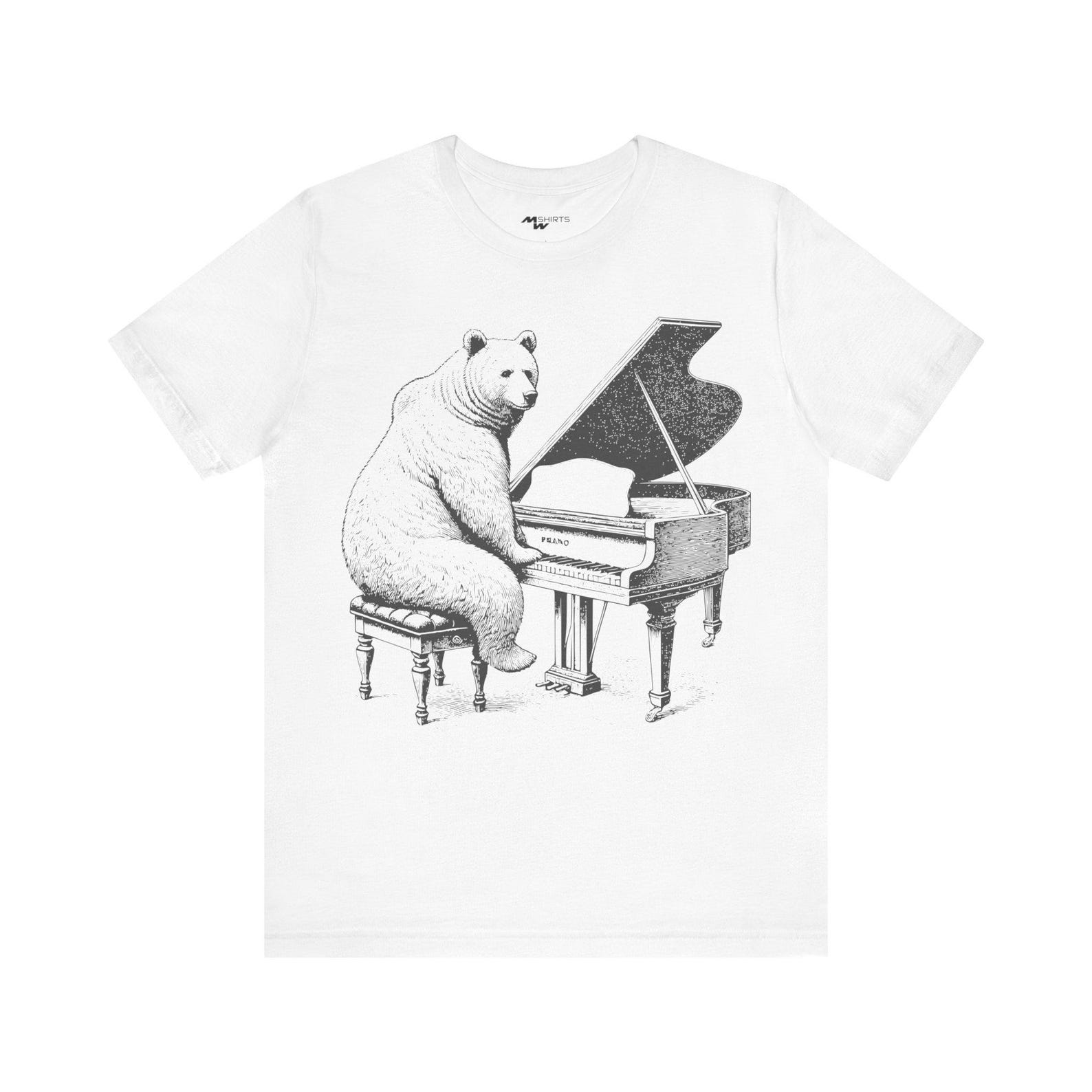 Bear Playing Piano T-Shirt: Engraving Style Unisex Tee L