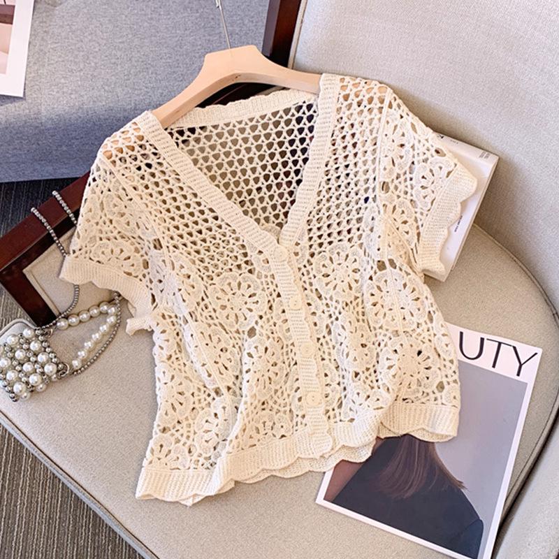 Women's French V-Neck Crochet Knit Cardigan - Chic Summer Fashion, Slimming Loose Fit, Versatile Top