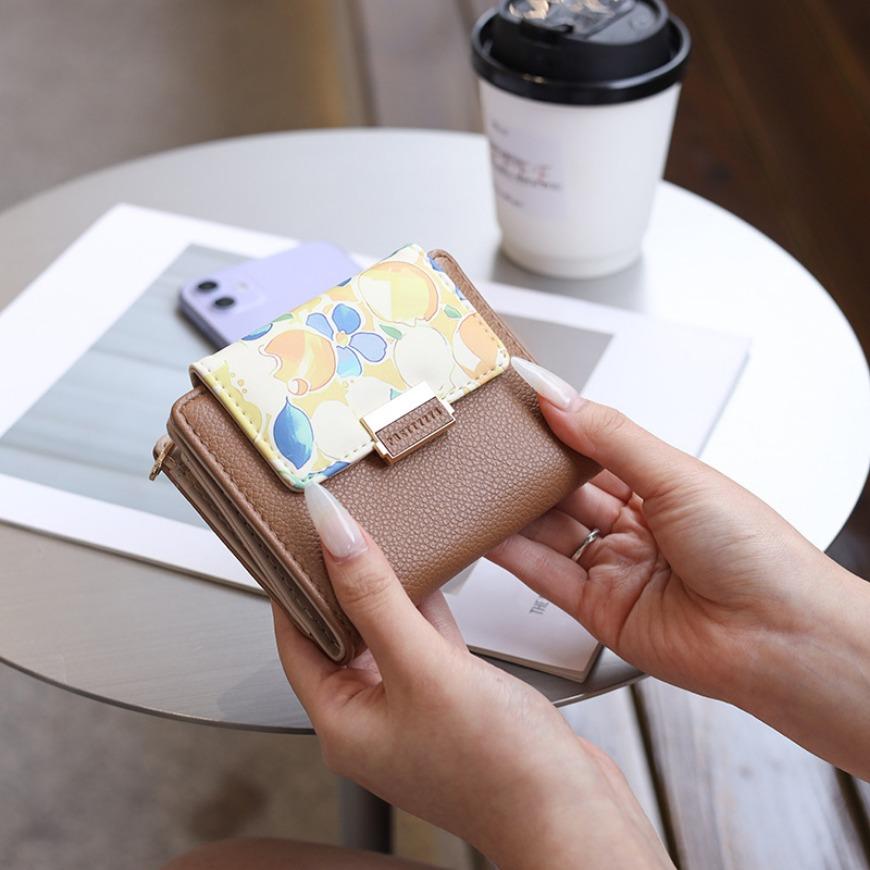 PU Leather  Loose Change Printed Buckle Folding Zipper Student Coin Card