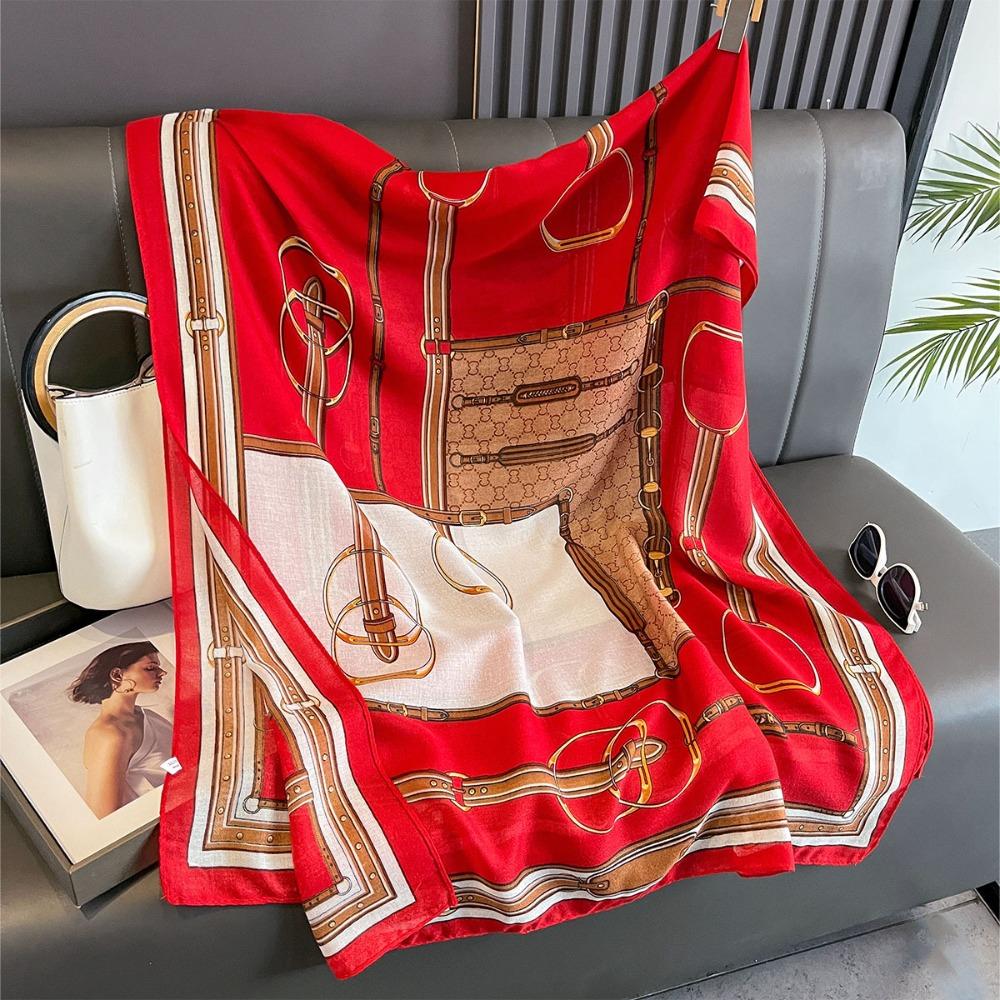 180x85cm Chain Print Scarf - Women's Autumn/Winter Cotton Hemp Warmth-Supportive Sun Protection Wraparound Neck Cover