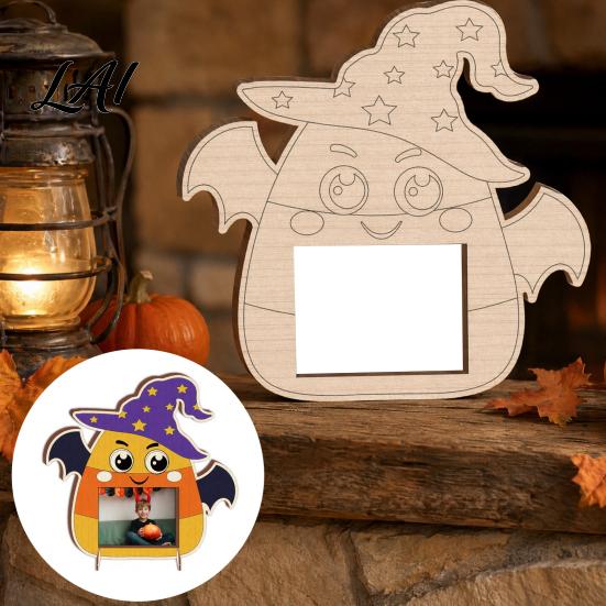 Unfinished Wood Pumpkin Decor DIY Photo Frame Wooden Halloween Picture Frame for Kids Crafts Party Activity Kit Hollow Tabletop Display Holiday Gift