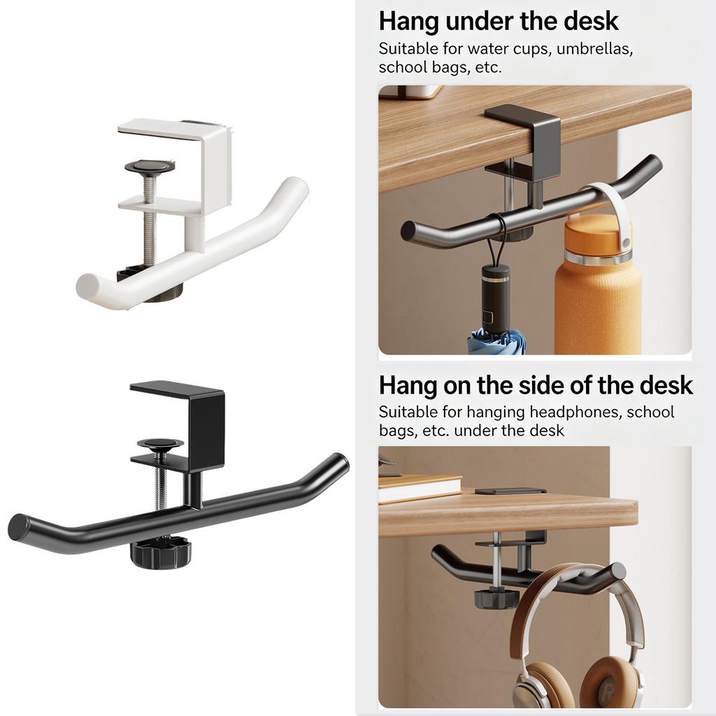 Stylish Double Rod Under Table Clamp On Organiser Storage Holder For Hanging Gadgets Bags And Office Accessories
