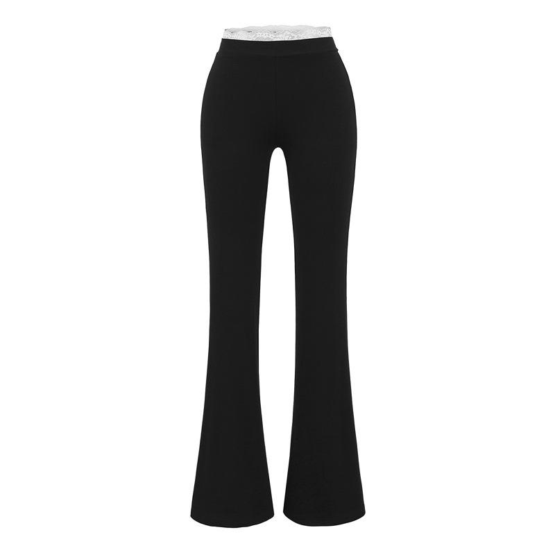 Korean Style Women s Lace Trim Flare Pants - 2026 Spring/Summer: Slim Fit, Elastic, Wide-Leg, Floor-Length Small чёрный
