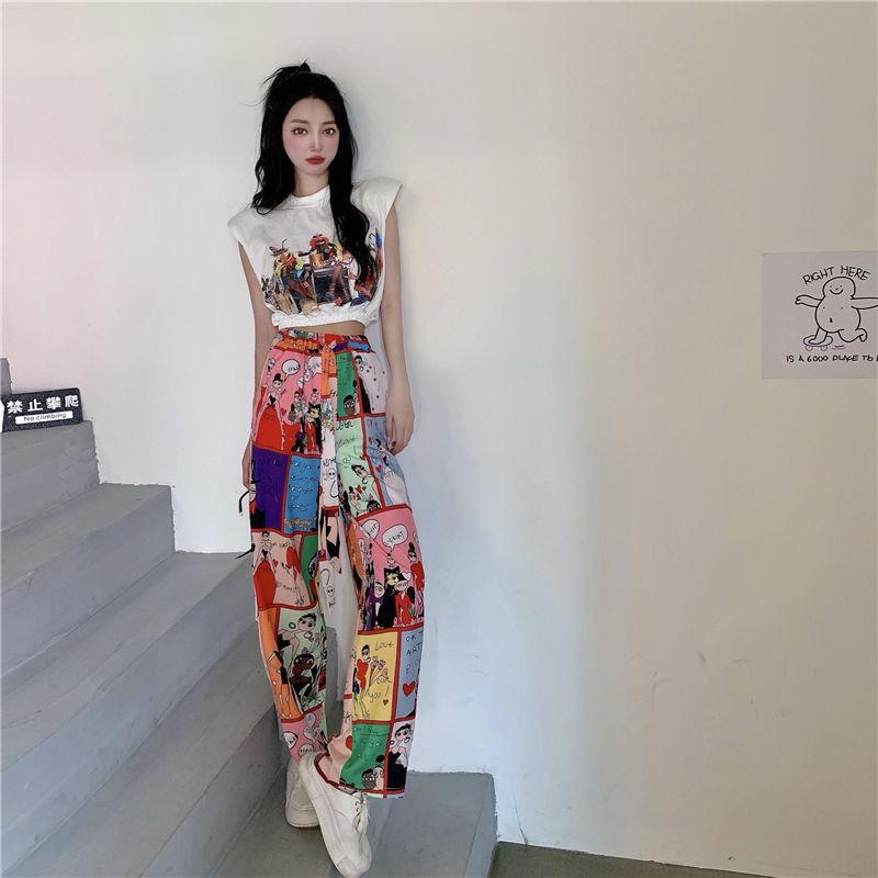Korean Fashion Summer Pants Women's Elastic High Waist Pockets Printing Tie Dye Bohemian Casual Loose Straight Wide Leg Trousers