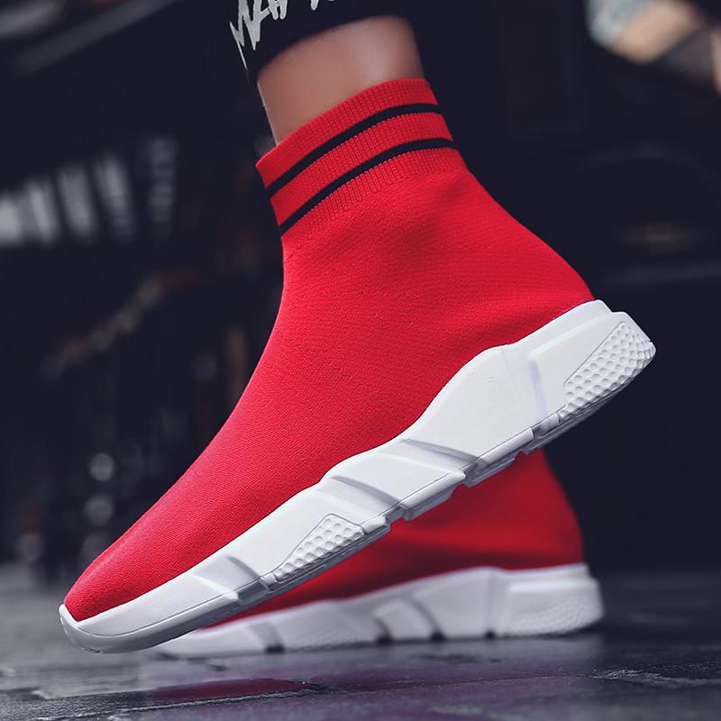 Fashion Red Men Sock Shoes Breathable Mesh High Top Sneakers Man Flast Slip-On Casual Shoes Men Plus Size 35-45 tenis masculino