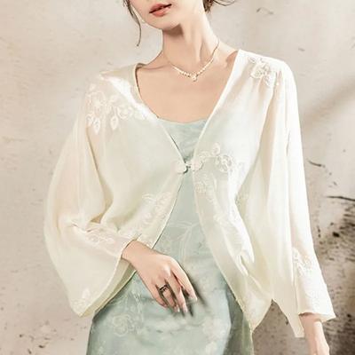 Cardigan Abotonado de Cuello en V Estilo Chino Chal de Gasa Blusa de Tul para Mujer Protección Solar de Verano