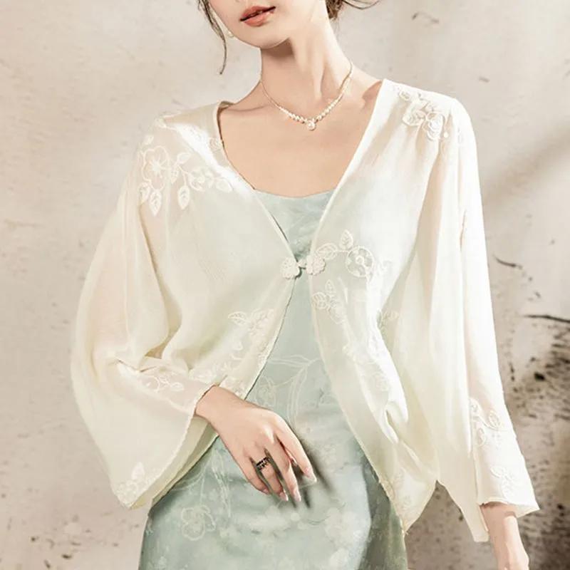 

Кардиган на ґудзиках з V-подібним вирізом у китайському стилі, шифонова накидка, літня жіноча блуза з тюлю для захисту від сонця S абрикосовий