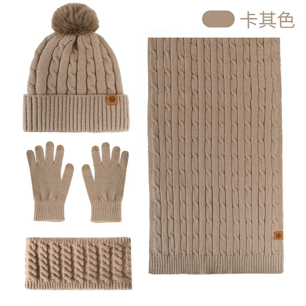 Autumn and Winter Knitted Hat, Scarf, Touch Screen Gloves, Headband, Four-piece Set, Double-layer Velvet Thermal Knitted Hat.