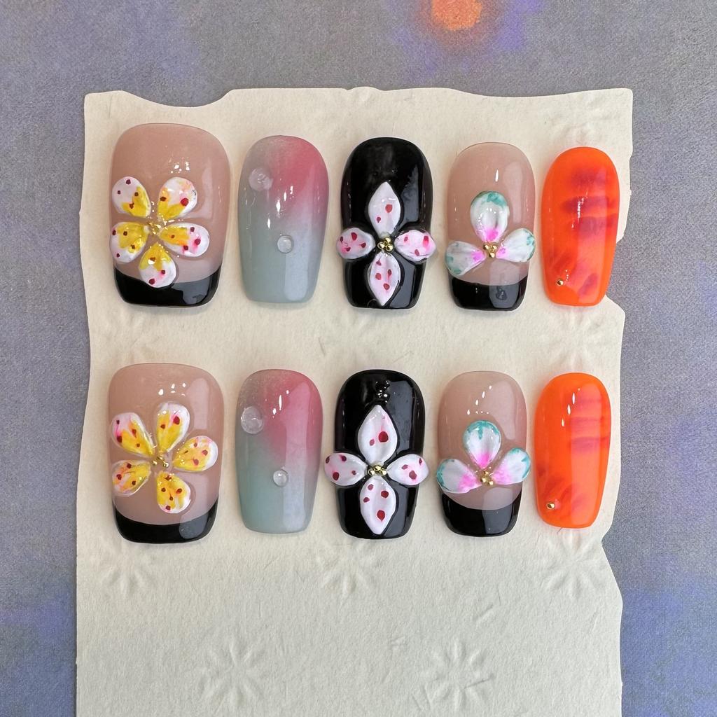 10 Pcs 3D Green Flower French Tip Handmade Press On Nails Reusable Stick On False Nails Manicure Decor