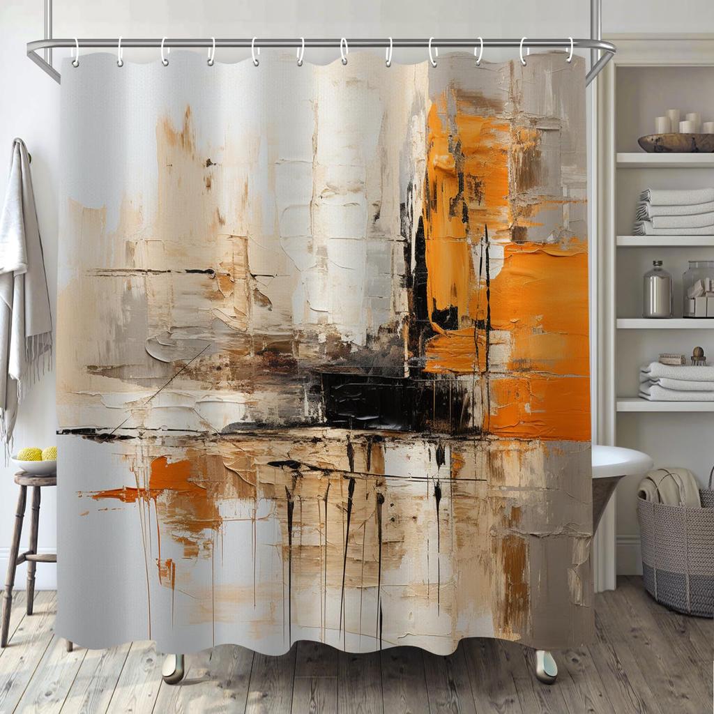 Abstract Simple Modern Shower Curtain Set Dark Brown Neutral Modern Brushstroke Art Waterproof Bathroom Curtain With Hook