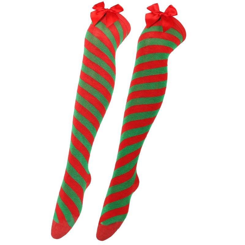 Striped Stockings For Women Over The Knee Long Socks Christmas Green Red Bowknot Long Socks Female Leg Stocking