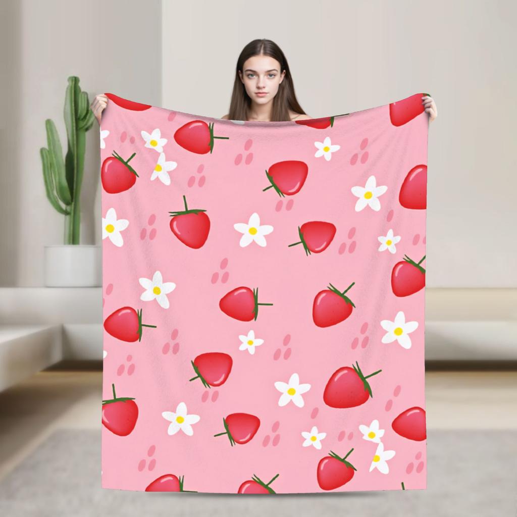 Pink Strawberry Blanket Warm Soft Funny Plush Throw Blanket For Couch Bed Decorative Flannel Bedspread Bed Cover