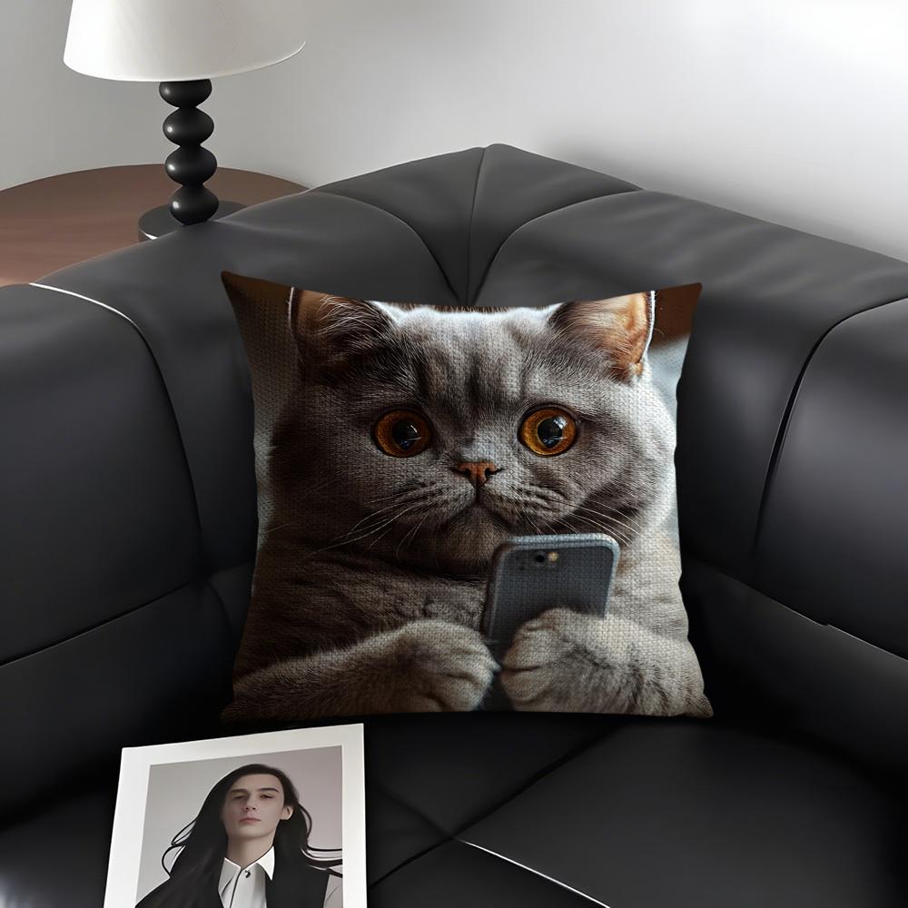 Cute Cat Playing Phone Cushion Cover Natural Linen Organic Fabric DoubleSided Printing Sofa Home Decor Gift Pillow Case