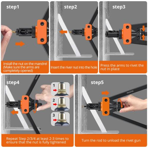 Proster Hand Riveter Set, Two-Handed, Compatible with M3, M4, M5, M6, M8, M10, Etc., Includes 150 Rivet Nuts (Orange)
