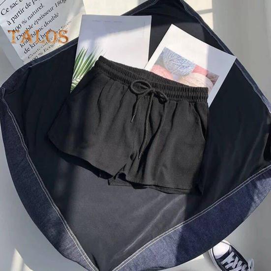 Women Casual Shorts Elastic Waistband Adjustable Drawstring Sport Shorts Solid Color Wide Leg Home Shorts