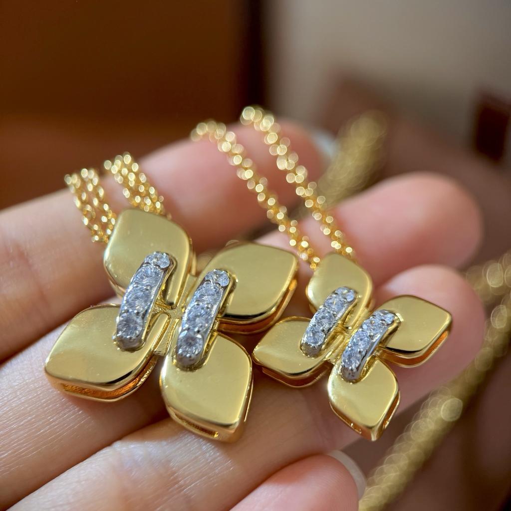 Fashion Parallel Bars Full Diamond Lace-up Smooth Gold and Silver Two-color Contrasting Color Rhombus Four-leaf Flower Geometric Shape Flower
