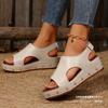 2025 foreign trade new thick-soled hollow fish mouth sandals women's large-size rivets Velcro slope heel beach sandals
