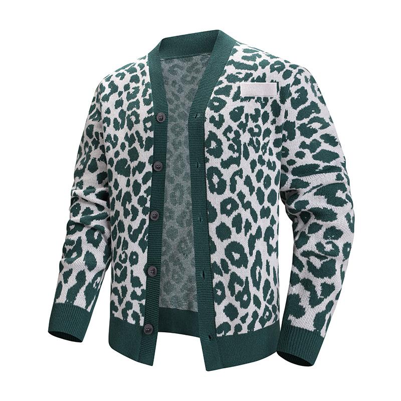 Men V Neck Button Down Leopard Print Knit Cardigan