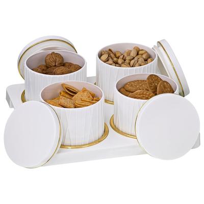 Container Tray Set-4 Pieces (450ml) Multi-Color (Emerald Green, Repose Grey, Bluish Grey) Polypropylene with Subtle Gold Rim (Classic White)