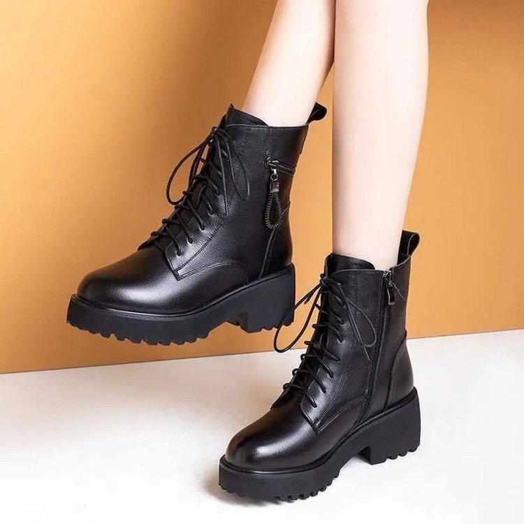 

Зимние Новые Ботинки Женские в Британском Стиле - Ботильоны на Платформе на Шнуровке | Подкладка из Меха, Нескользящая Подошва | Уличная Одежда с Боковой Молнией 37