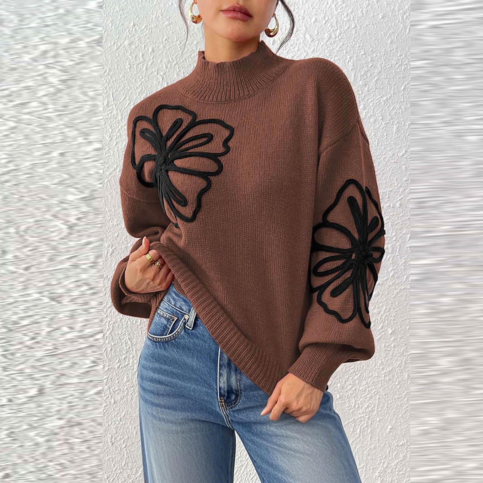 Women s Casual Fashion Ribbon Embroidered Flower Half-Turtleneck Pullover Sweater S кофейный