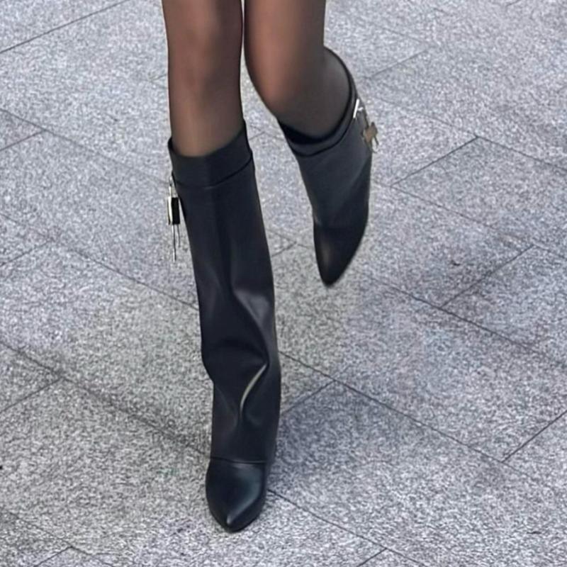 Fashionable Western European Knee-high Boots for Women; Trendy Versatile Pointed Toe Buckle Leg Boots