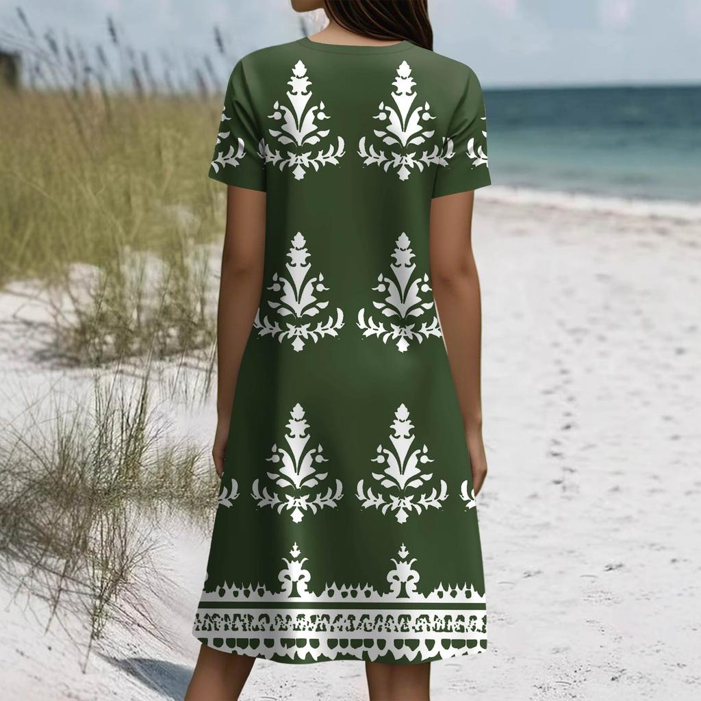Women's Summer Short Sleeve Round Neck Floral Print Bohemian Dress With Pockets