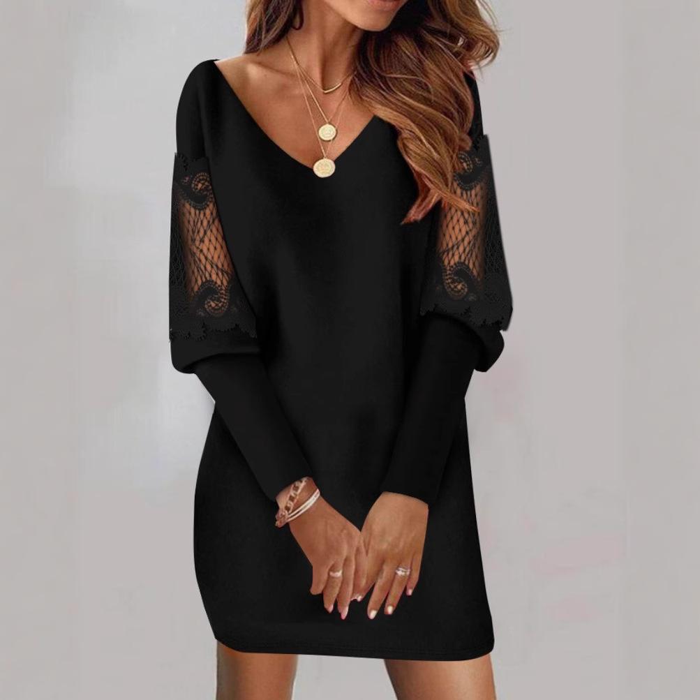 Women Long Sleeve Mini Dress Lace Stitching Hollow Out V Neck Casual Loose Dresses