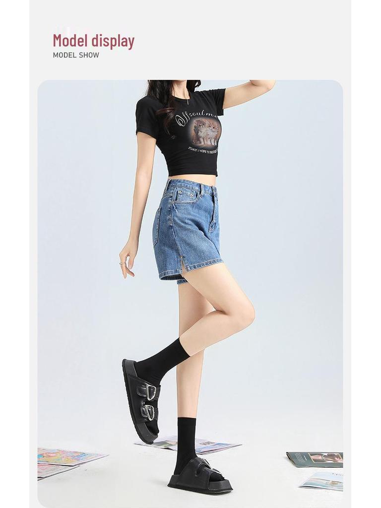 Four-Way Stretch A-Line Denim Shorts - Super Soft, High Quality, Summer Side Slit, Three-Quarter Length Pants