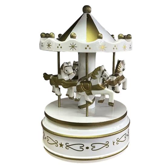 Miniature Horse Carousel Wooden Music Box with Rotating Merry-Go-Round Horses, Wind-Up Musical Figurine Nursery Decor for Baby Room Home Decor,