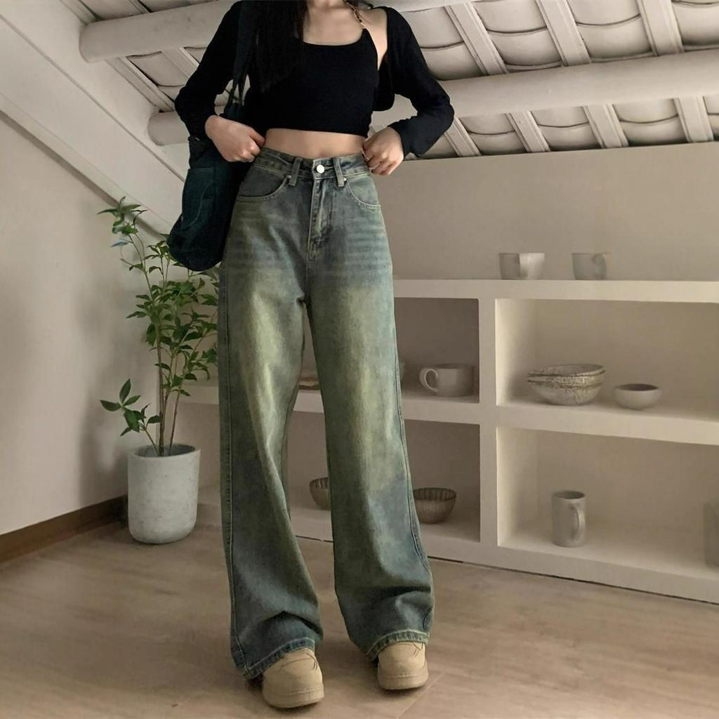 Nostalgia Straight Jeans Women Spring and Autumn Outside Wear Pear-shaped Casual Retro Loose Drag Ground Wide Leg Trousers Long Denim Pants