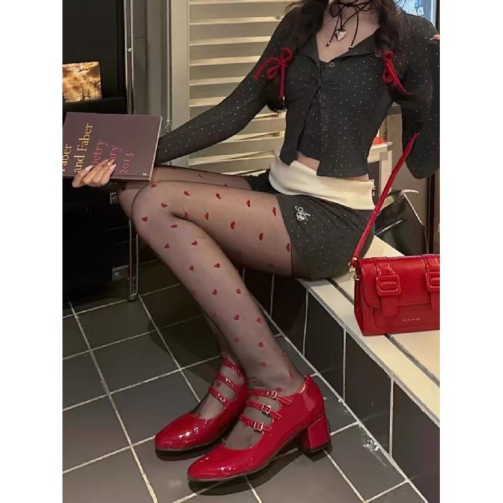 

Purely desirable American-style hot girl red heart-patterned stockings, slimming and sexy black sheer heart-shaped ultra-thin transparent pantyhose Average Size75-120Jin