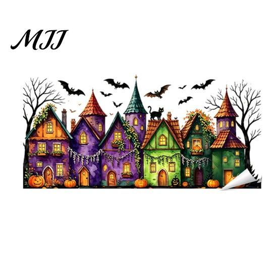 Gift for Halloween Party Setup Window Static Sticker, Castle/Bat/Pumpkin/Bouquet Printed, PVC Waterproof Removable Decorative Clings Decals
