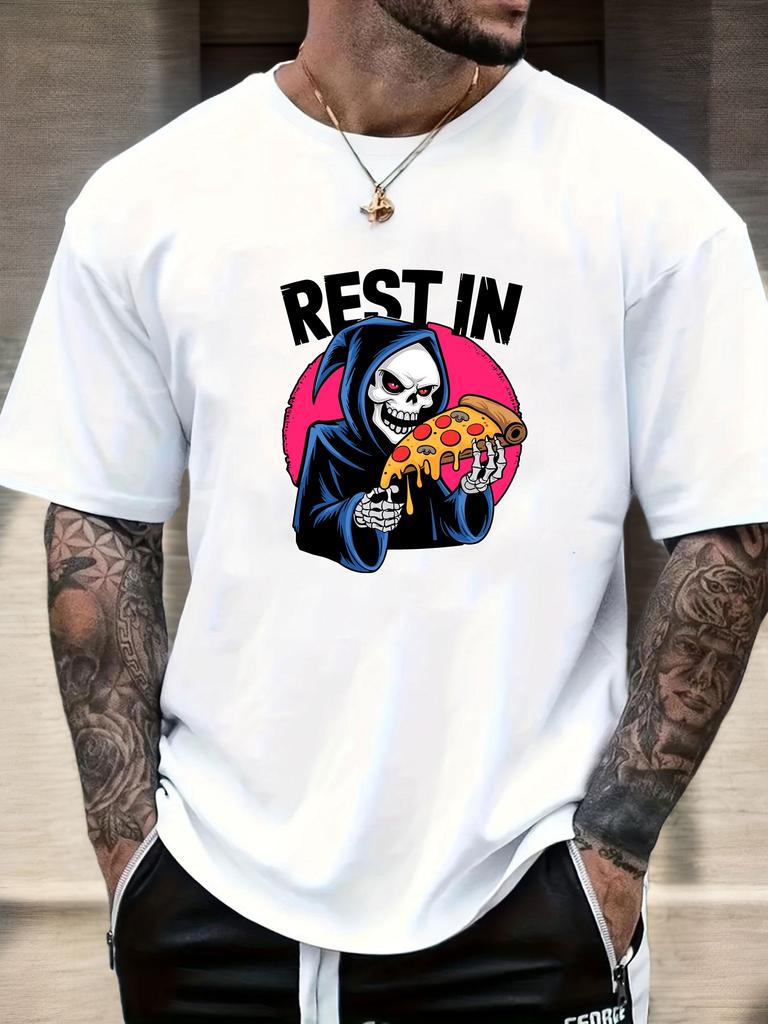 Mens Casual Tshirt Grim Reaper Pizza REST IN Print Short Sleeve Round Neck Breathable Oversized Daily Wear Tee