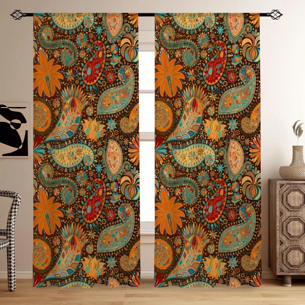 2 Stück, Böhmische Blumen Vögel Landschaft, Stangendurchzug, Digital bedruckte Vorhänge, Polyestermaterial, Geeignet für Wohnzimmer Schlafzimmer