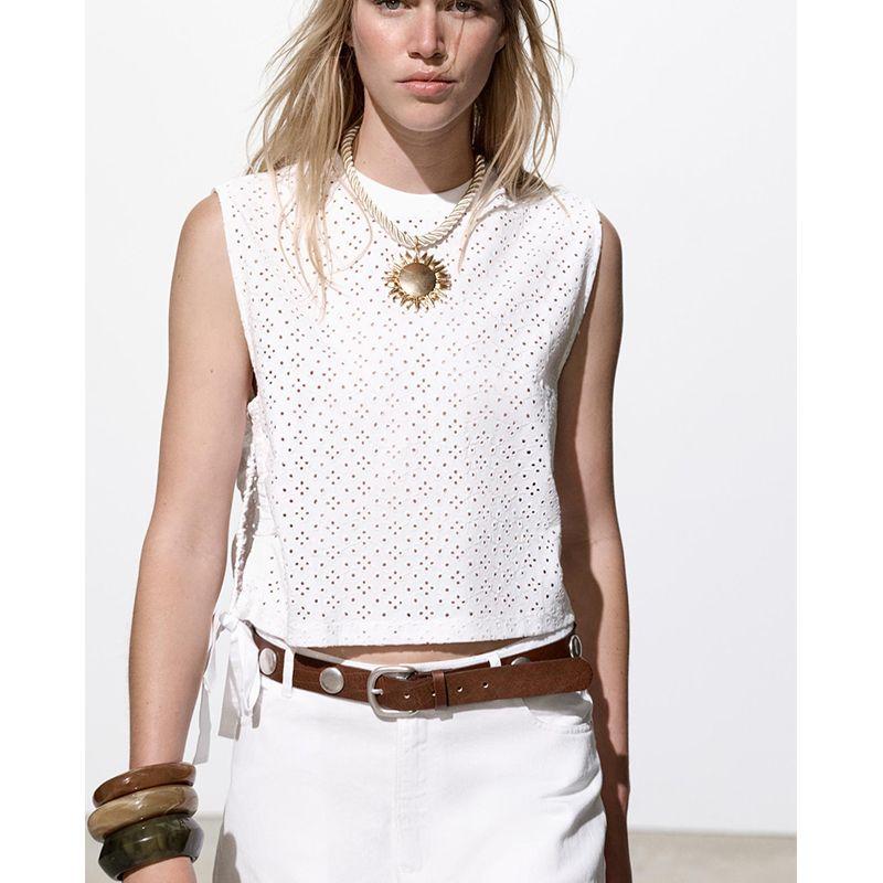 Spring and Summer Women's Clothing Bows Adjustable Hem Cotton Cut Out Embroidered Crew Neck Sleeveless Tops 4174379
