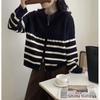 Autumn Winter Contrasting Color Striped Double Zipper Knitted Cardigan Women's Korean Loose Short Long-sleeve Sweater Coat Women