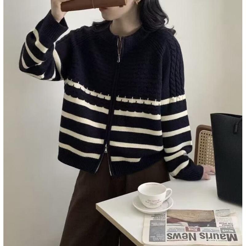 Autumn Winter Contrasting Color Striped Double Zipper Knitted Cardigan Women's Korean Loose Short Long-sleeve Sweater Coat Women