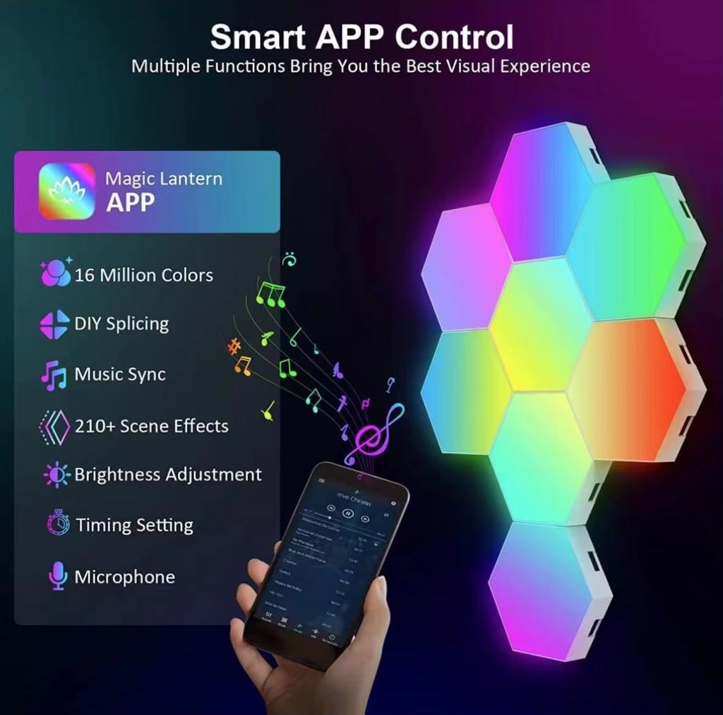 Lampada da parete esagonale intelligente RGB Luce notturna ambientale che cambia colore DYI Forma Musica Ritmo Controllo APP per sala giochi Camera da letto